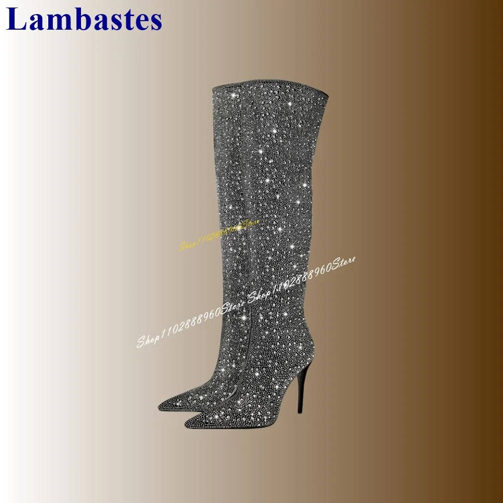 Botas por encima de la rodilla con decoración de cristal negro brillante, Zapatos finos de tacón alto Para Mujer, Zapatos con cremallera lateral y punta estrecha, 2024