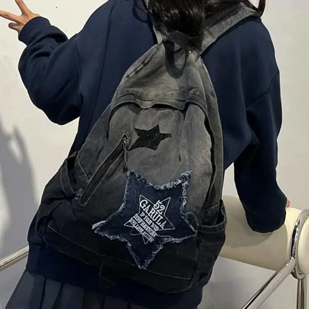 Fashion Star Pattern Denim Backpack Y2K Large Capacity Student Schoolbag Punk Book Bag Adults