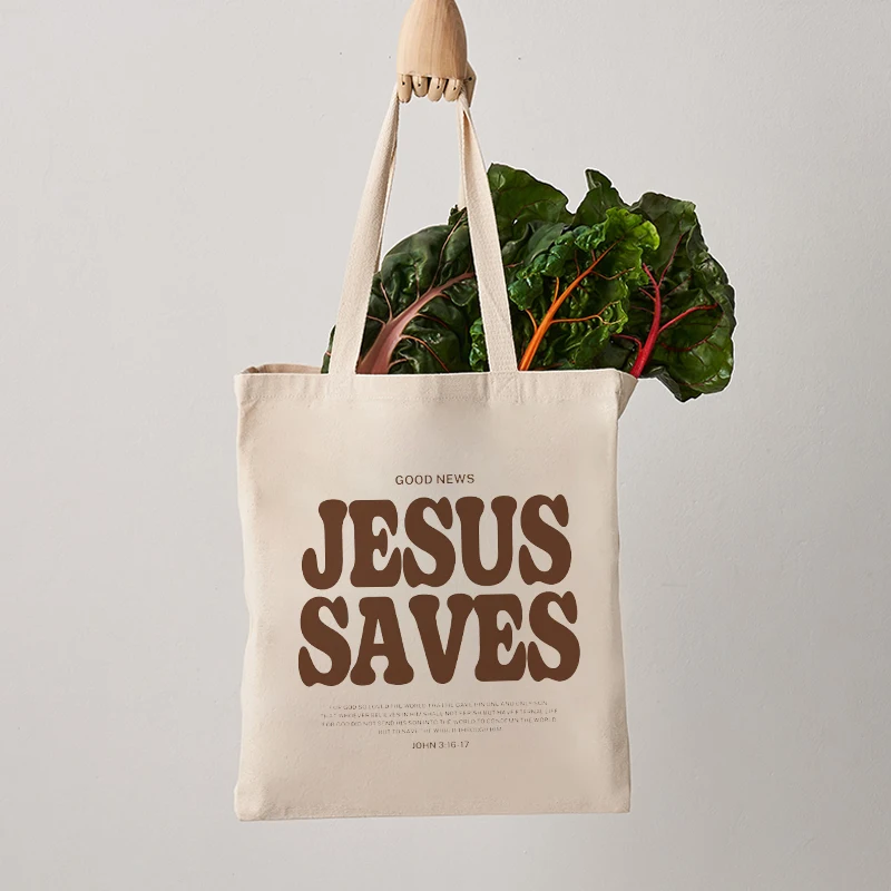 Cood News Jesus Saves Pattern Canvas Shoulder Tote Bag Casual Shopping Tote Christ Religion Christian Faith Shopper HandBag