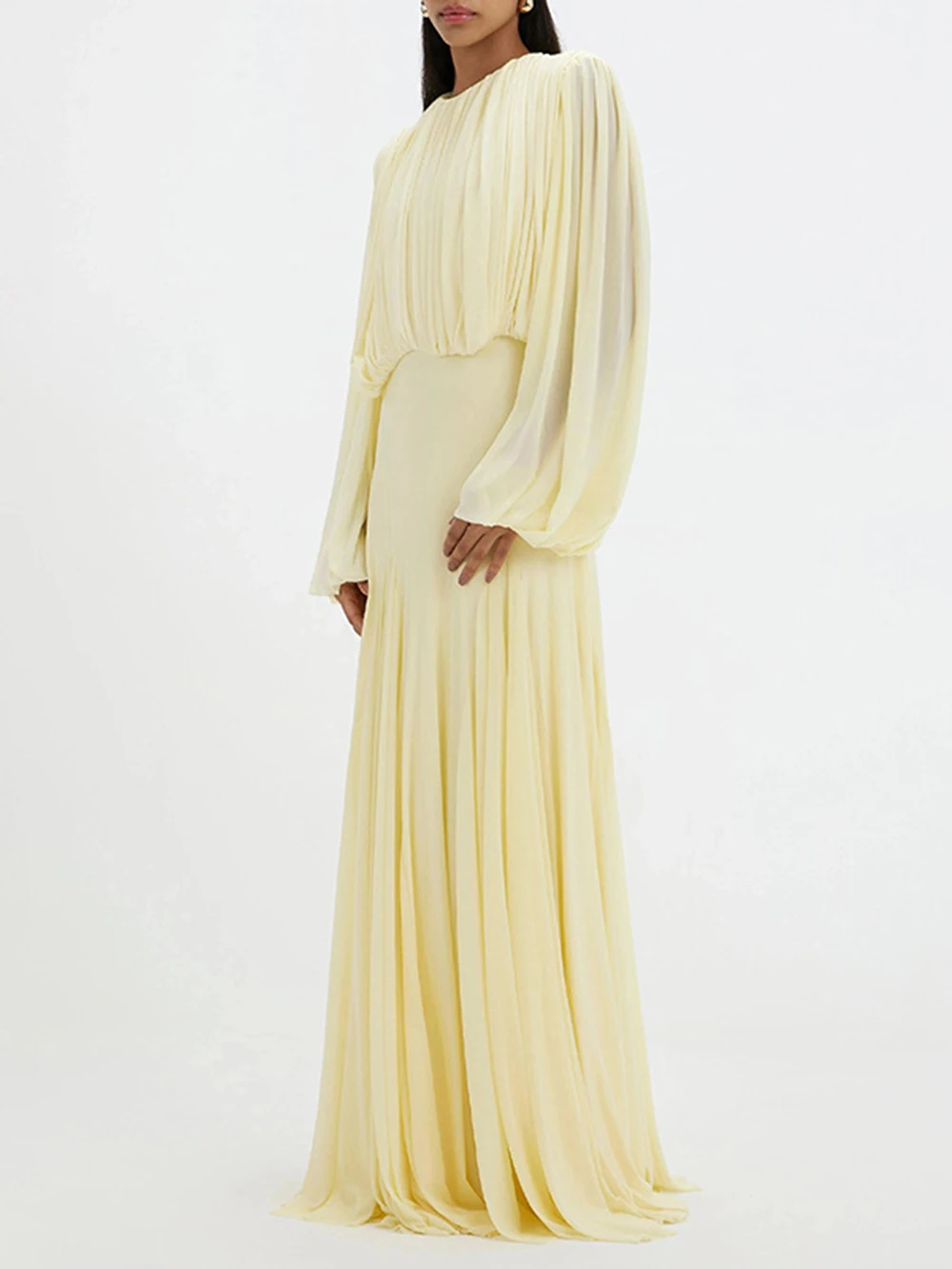 Modphy 2026 Women Splicing Draped Maxi Dress elegant lantern Sleeve O Neck Slim  Mermaid Formal Evening Party Gown