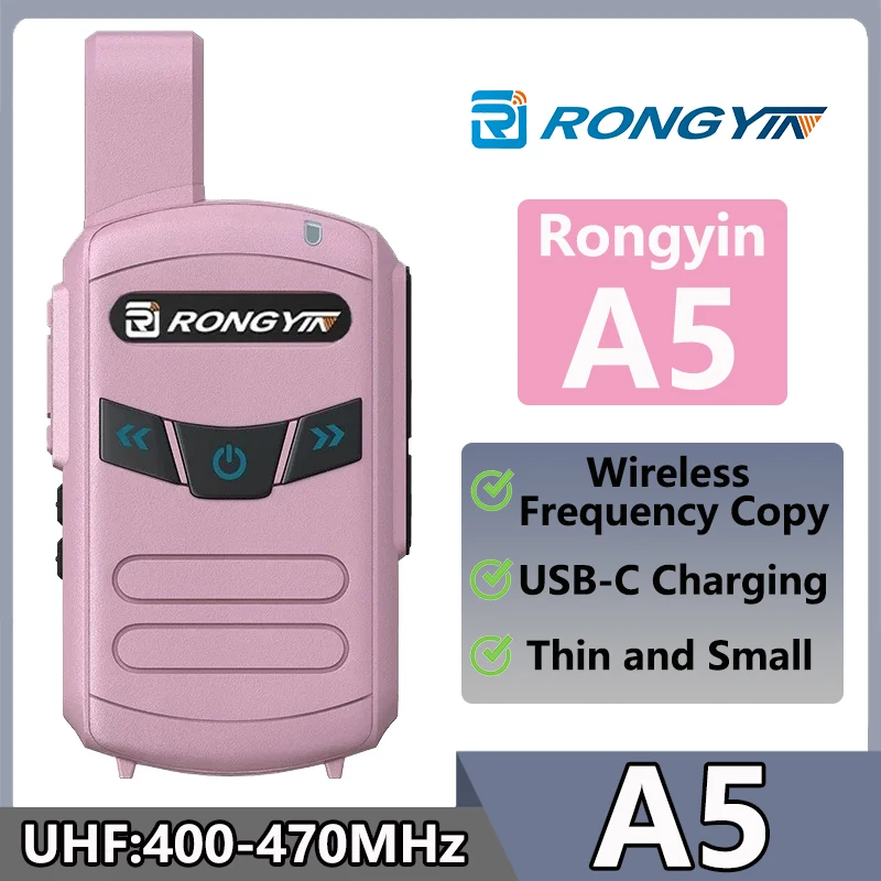 RongYin A5 Walkie Talkie Pink Radio UHF 400-470Mhz Long Range 16CH USB-C Charging Wireless Frequency Copy Mini Kid Two Way Radio