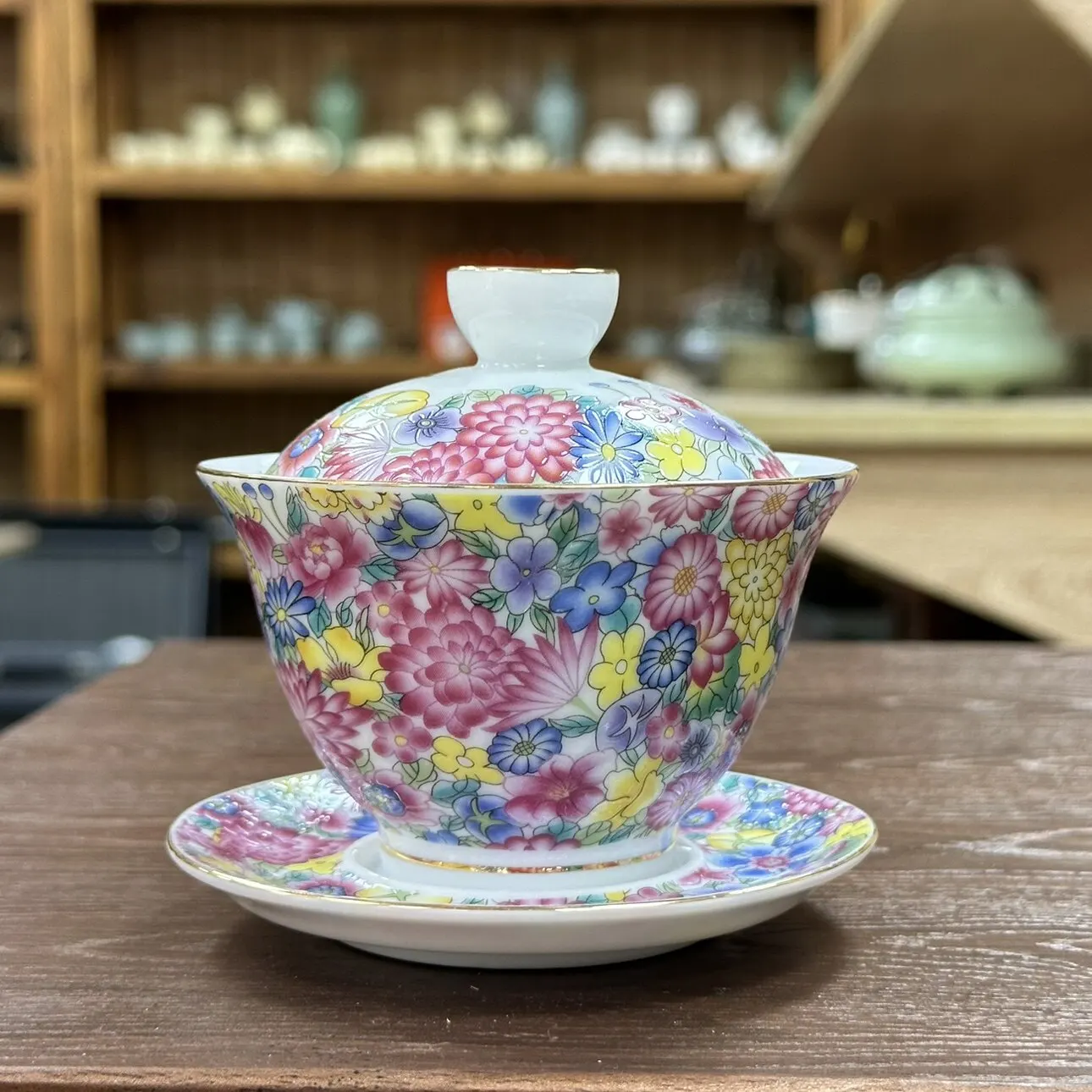 Enamel Color Cover Teacup Tea Set Ceramic Medium Exquisite Ten Thousand Flower Pink Color Tea Brewing Bowl Porcelain Single