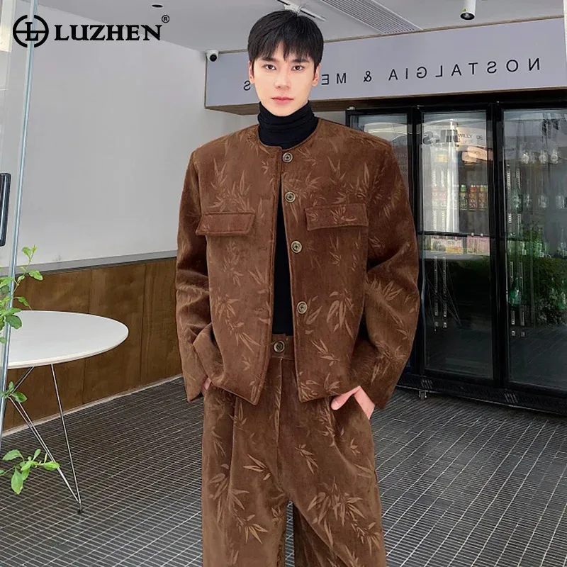 LUZHEN Chinese Style Woolen Two-piece Sets Men's Elegant Suit Short Jacket Straight Casual Pants New Fashion Male Clothes LZ7829