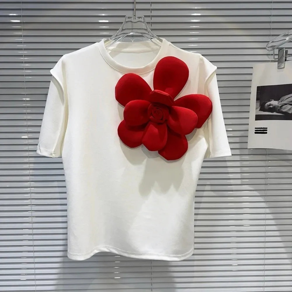 

2024 Summer New Arrival Short Sleeve Round Neck Flower Applique Petal Contrast Color T Shirt Women