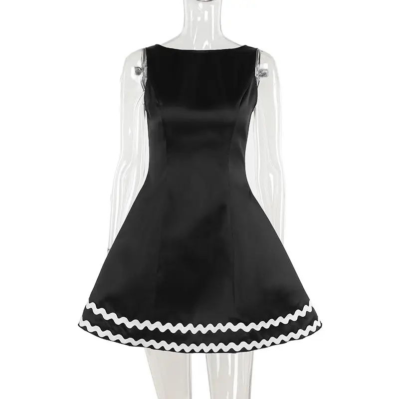 Mini vestido americano de cintura alta para mujer, decoración de rayas sin espalda con cremallera, sin mangas, dobladillo de línea A, vestido de fiesta Sexy para mujer, nuevo