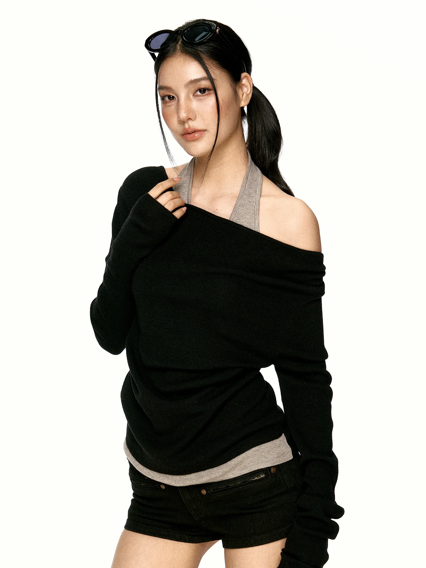 Aaisup Black Layered Neck Hanging Long Sleeve Knitted T-Shirt Women's Early Autumn Design Sense Shoulder Exposure Top