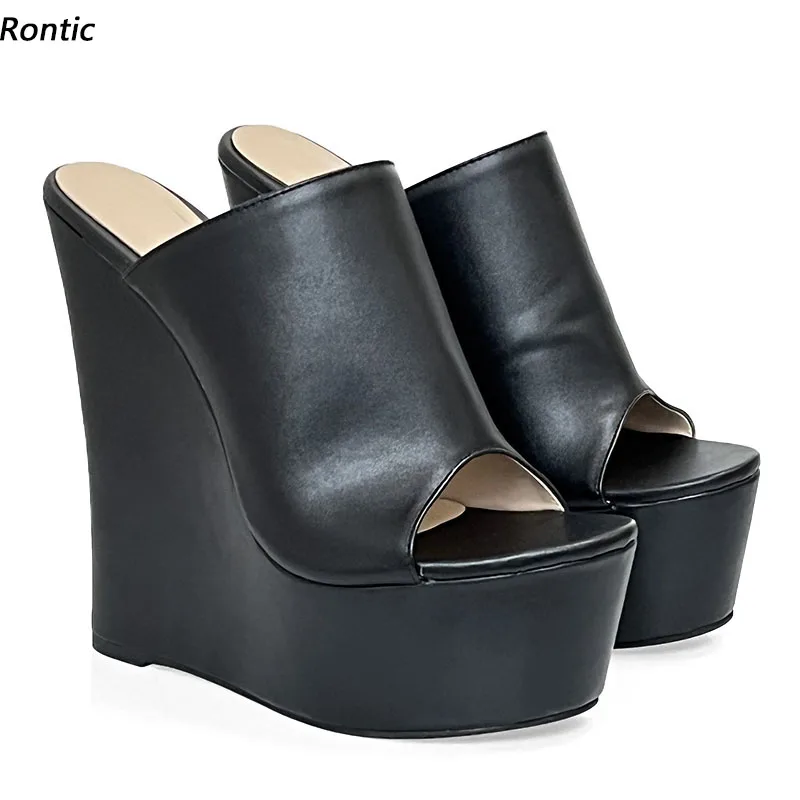 

Rontic Handmade Women Platform Mules Sandals Comfort Wedges Heels Peep Toe Elegant Black White Party Shoes US Size 5-20