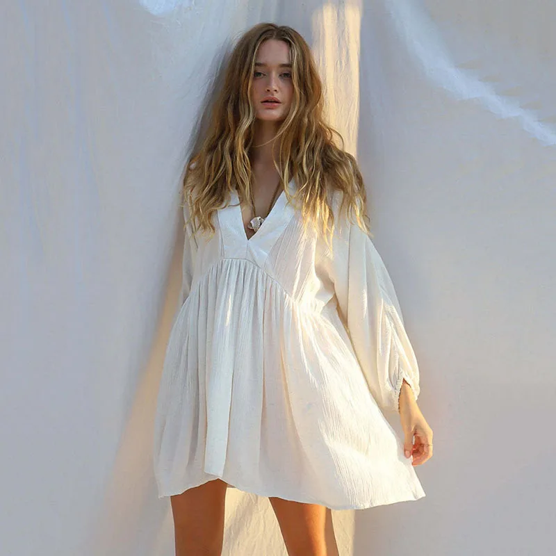 Summer Sexy Crinkle Fabric Long Sleeve Beach Cover Up Dress Women Open Back Hollow Out Sheer Bikini Wrap Cardigan Vacation Resor