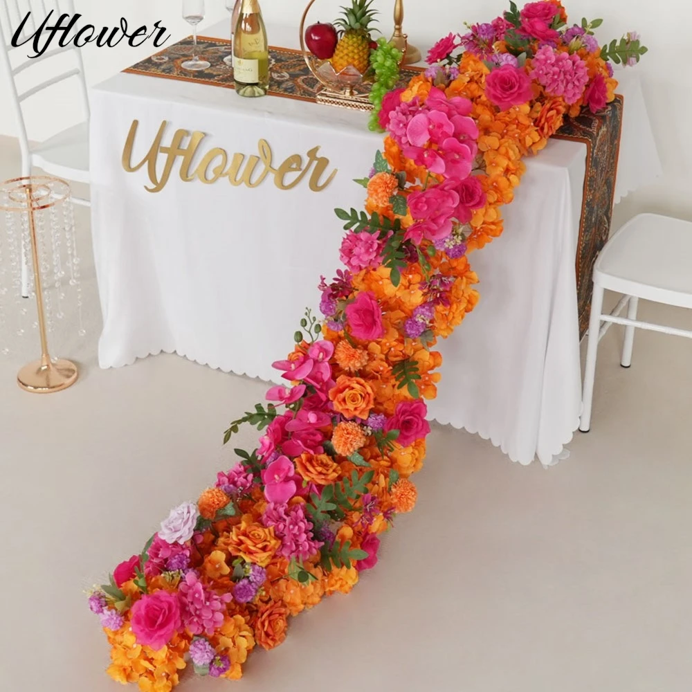 

Uflower 200cm Orange Rose peony Artificial Flower Row Wedding Table Centerpiece Flowers Backdrop Wall Decor Party Stage Floral
