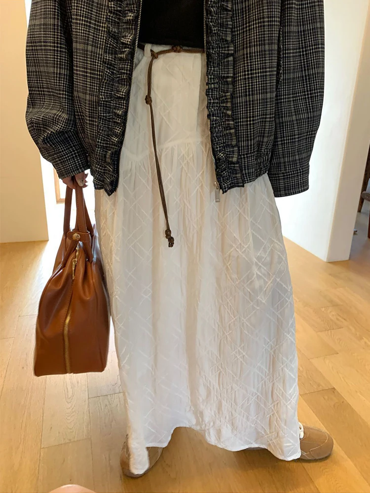 Smvp White Lace Skirts Stereoscopic Grid High Waist Long Skirts 2025 Summer Women's Sweet Fashion Skirt Korean Style Clothing