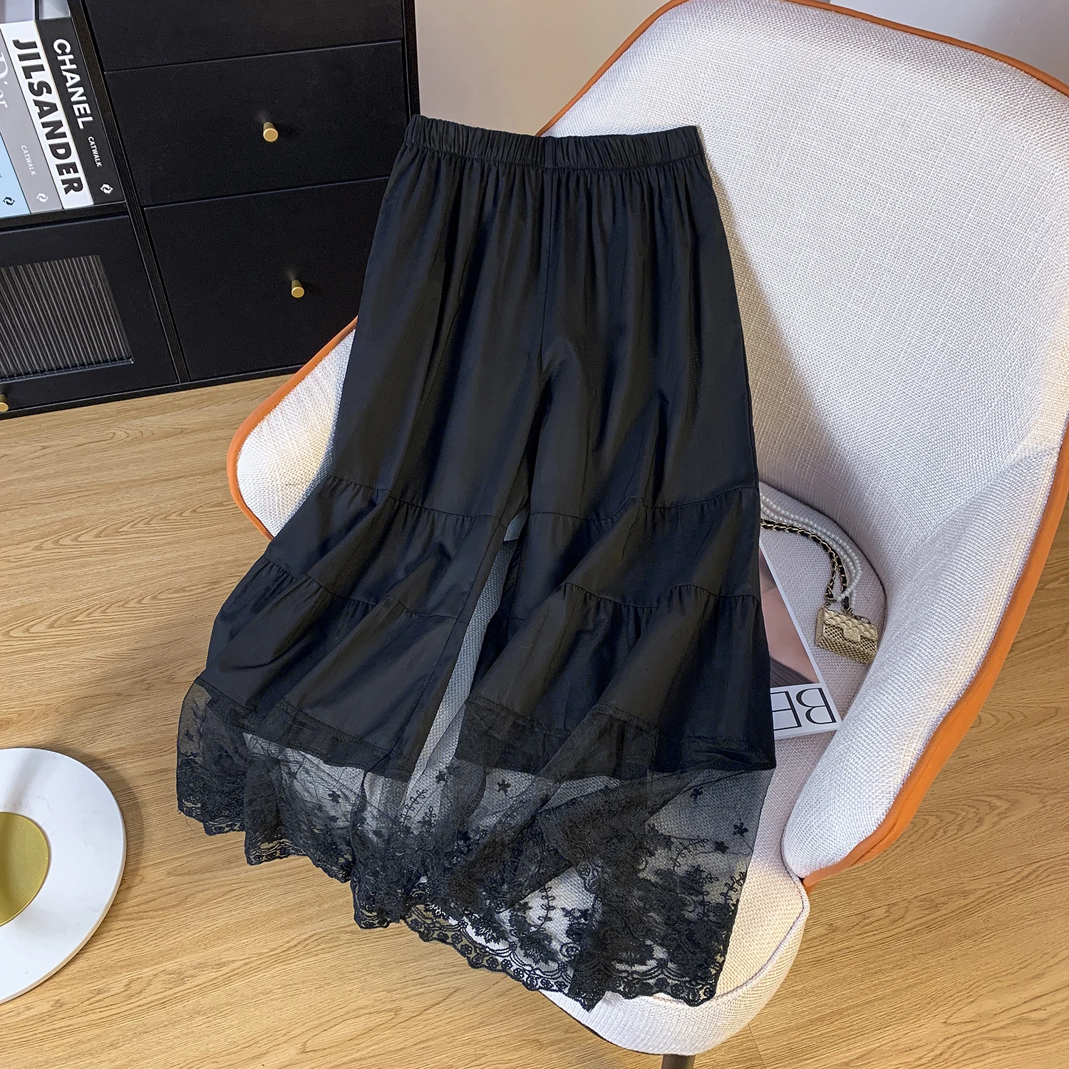 Pantaloni a gamba larga a strati con finiture in pizzo Pantaloni sottili trasparenti Boting Vestibilità ampia Versatile abbigliamento interno con giunture multistrato