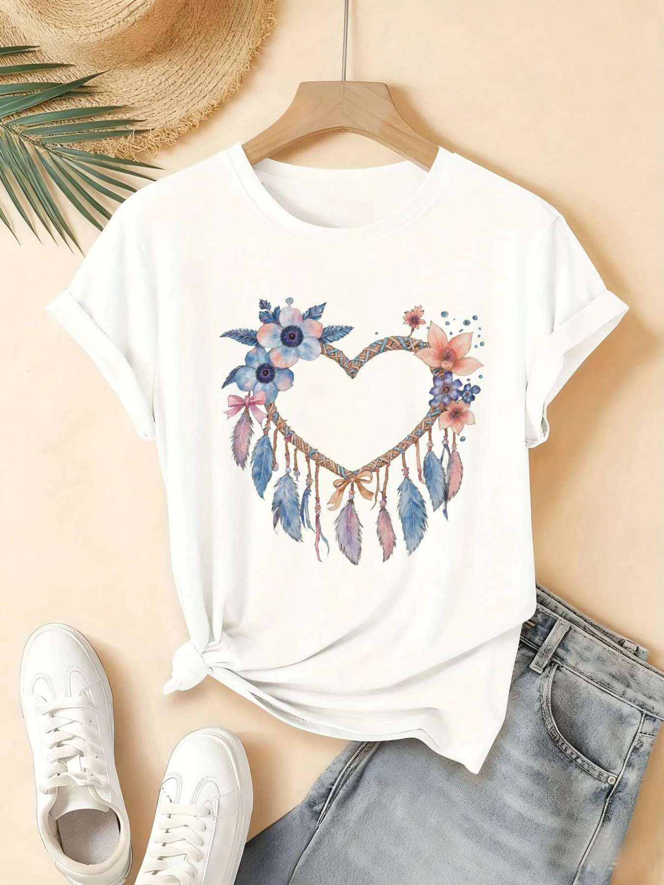 Valentine's Day Love Flower Rolling Sleeve Short Sleeve Black Colorful Flowers and Feather Design Round Neck Perfect Date Party