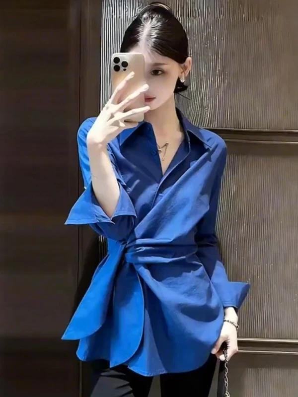 

Elegant Unique Neck Shirt Women's Spring Korean Style Blue Top Fashionable Versatile Tie Waist Design Breathable Long Sl...