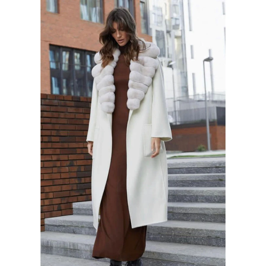 

Womens Woolen Coat With Rex Rabbit Collar Wool Coats Luxury Women Natural Cashmere Coat Women 2024 Best Selling