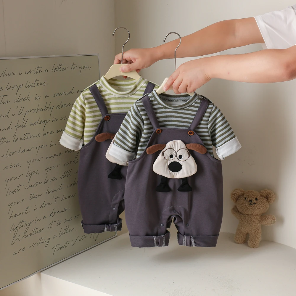 

Cute Cartoon Little Dog Striped Sweatirt And Overalls Baby Boys Spring Autumn Two-Piece Set Comfortable Breathable Cotton L...