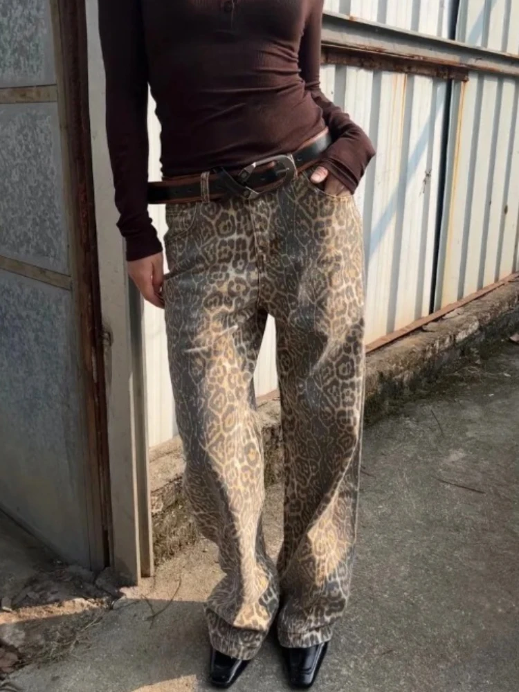 

Y2k американские винтажные джинсы с леопардовым принтом, уличные джинсовые брюки в стиле хип-хоп для женщин, весенне-осенние новые широкие брюки в стиле Харадзюку