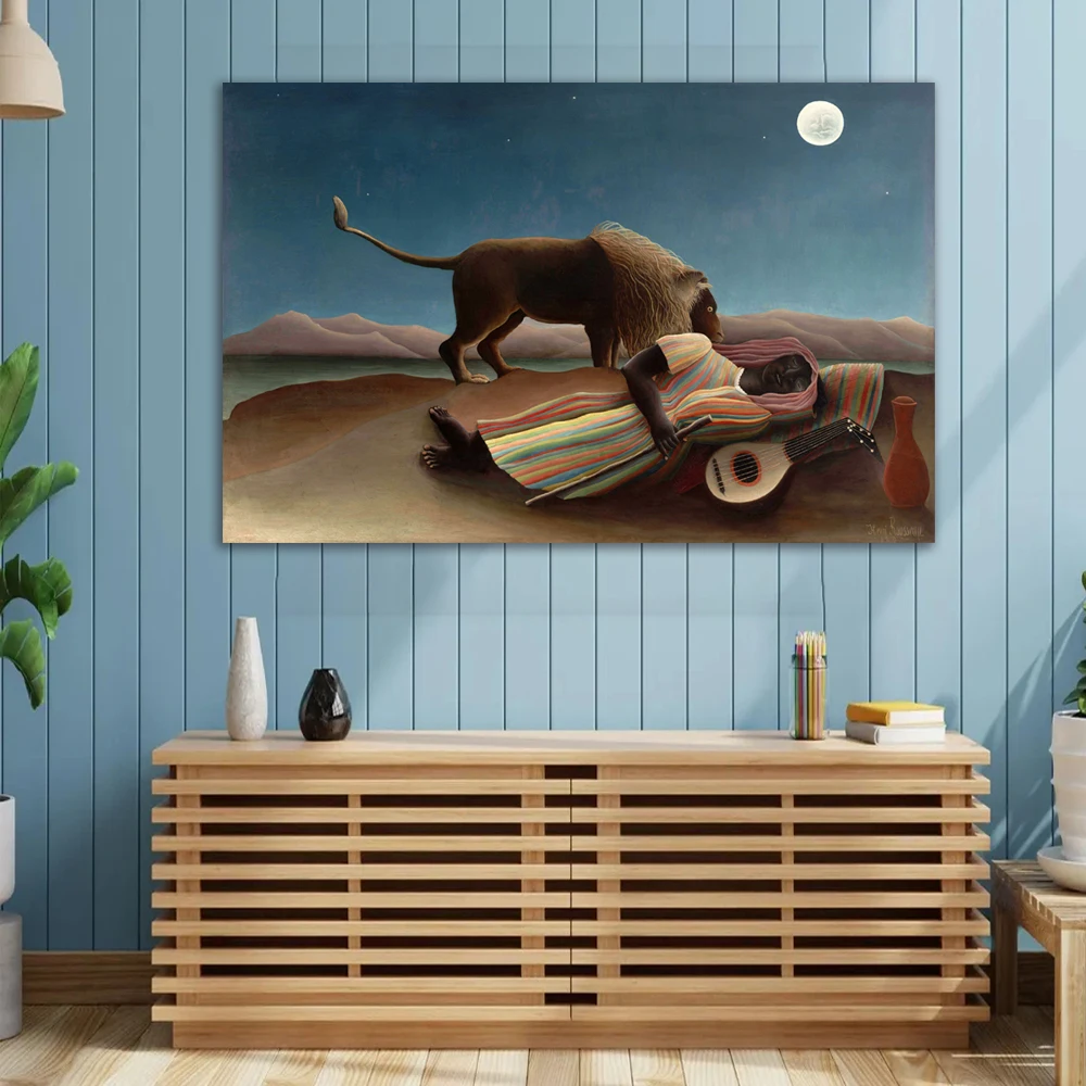 Henri Rousseau The Sleeping Gypsy Canvas Painting Lion Musing Over Woman Oriental Costume on A Moonlit Night Arid Desert Poster