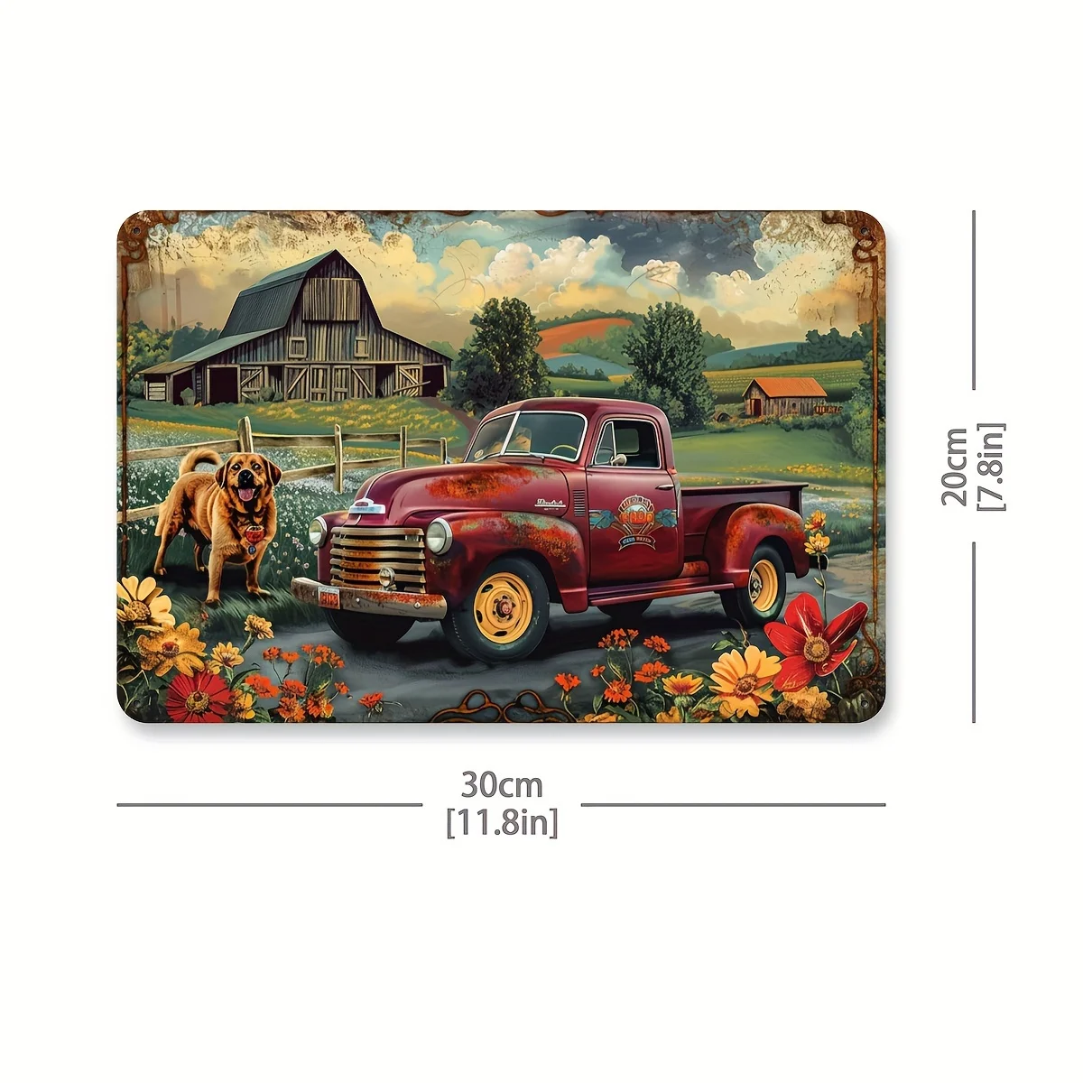 Pastoral Elegy: Vintage Metal Tin Sign Featuring an Old Truck And Loyal Friends, Suitable for Indoor And Outdoor Decoration, H