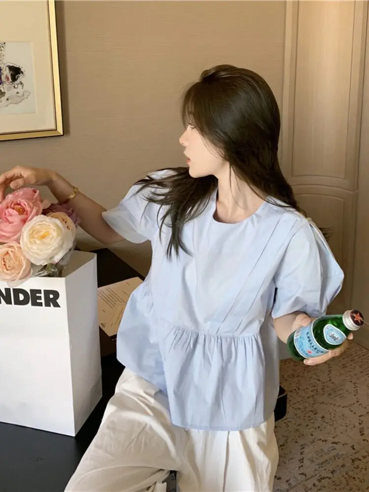 

Chic Blue Bubble Sleeve Doll Shirt Women's Top Early Spring New Design Korean Style Loose Fit Casual Shirt for Young Women