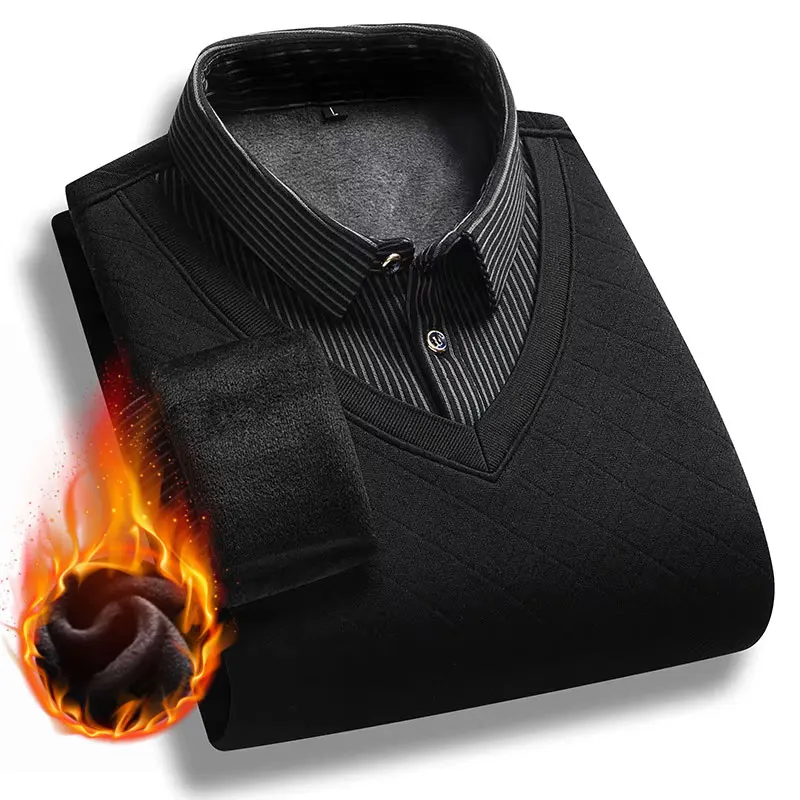 

Осенне-зимний мужской теплый толстый воротник, искусственный комплект из 2 предметов, деловой модный повседневный полосатый свитер, вязаная толстовка с шерстяной подкладкой