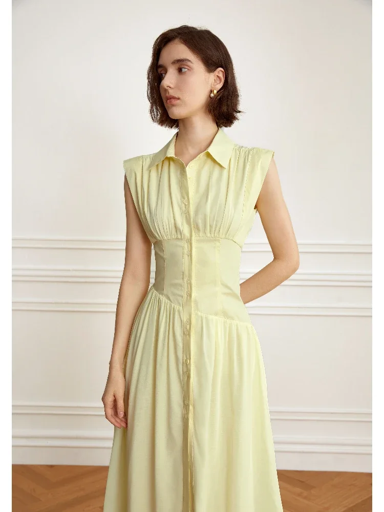 Elegante vestido feminino, sem mangas, de peito único, vestido francês, gola polo, senhora do escritório, verão