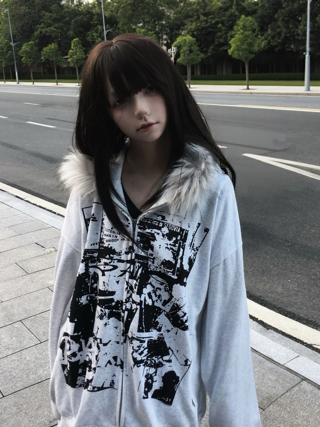 Vintage Zip Hoodie - アメリカンレトロY2Kパーカー、フェイクファー付き、ジッパー付き、長袖、Y2Kゴシックパンクスタイル、ストリートウェア、ヴィンテージ、秋・冬用スウェットシャツ。