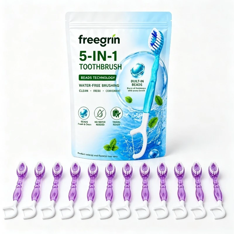 5-in-1 Disposable Travel Toothbrush 12Pcs Cherry Blossom, Individually Wrapped Soft Brush with Toothpaste Floss Pick Tongue Scra