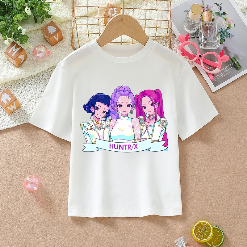 Kaus Putih K-pop Demon Hunters untuk Anak Perempuan Kaus Lengan Pendek Lucu Kartun Anime Hadiah Kaus Manis Fashion Musim Panas Anak-anak