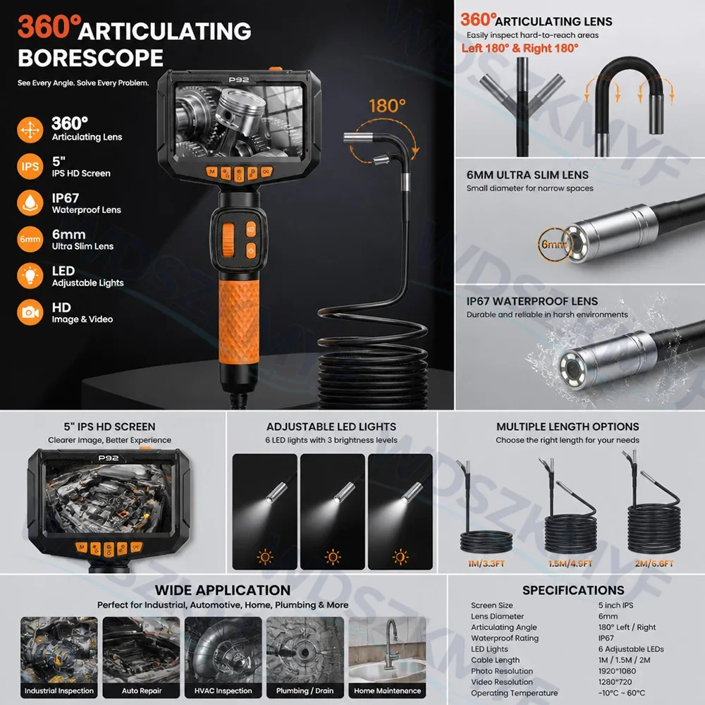 360° Articulating Industrial Piping Endoscope Camera 5inch  Borescope Inspection Snake Camera for Automotive Inspection