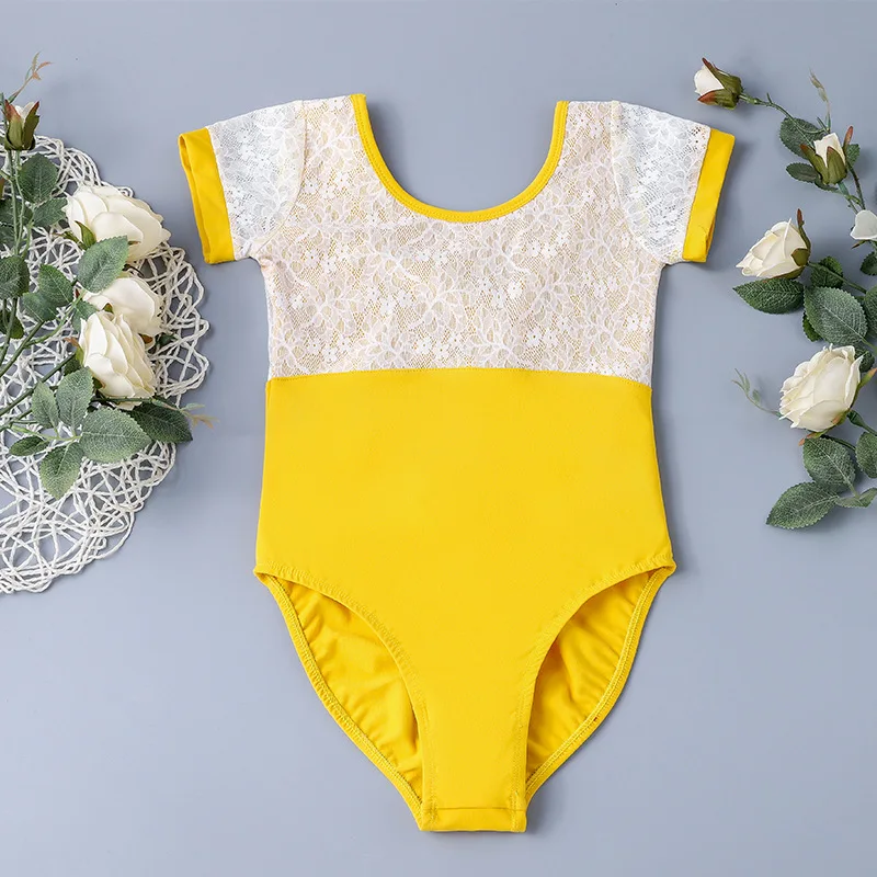 

Lace Ballet Leotard, Short Sleeve U-Back Dancewear, Gymnastics Bodysuit for Ballet Class Performance Daily Practice 3-8Y