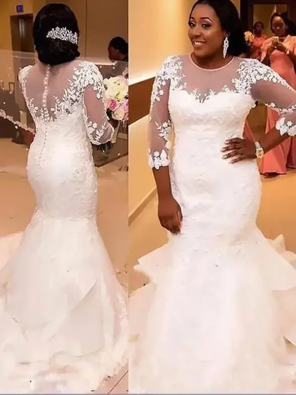 Robe sirène personnalisée avec manches longues 3/4, longueur au sol appliquée, robe de mariée sud-africaine Sexy personnalisée