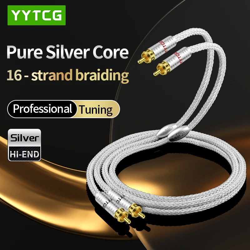 

One Pair High-Purity Silver 2RCA Audio Cable16-Strand Pure Silver Braiding HIFI 2RCA TO 2RCA Cable for Amplifier DAC DAP TV