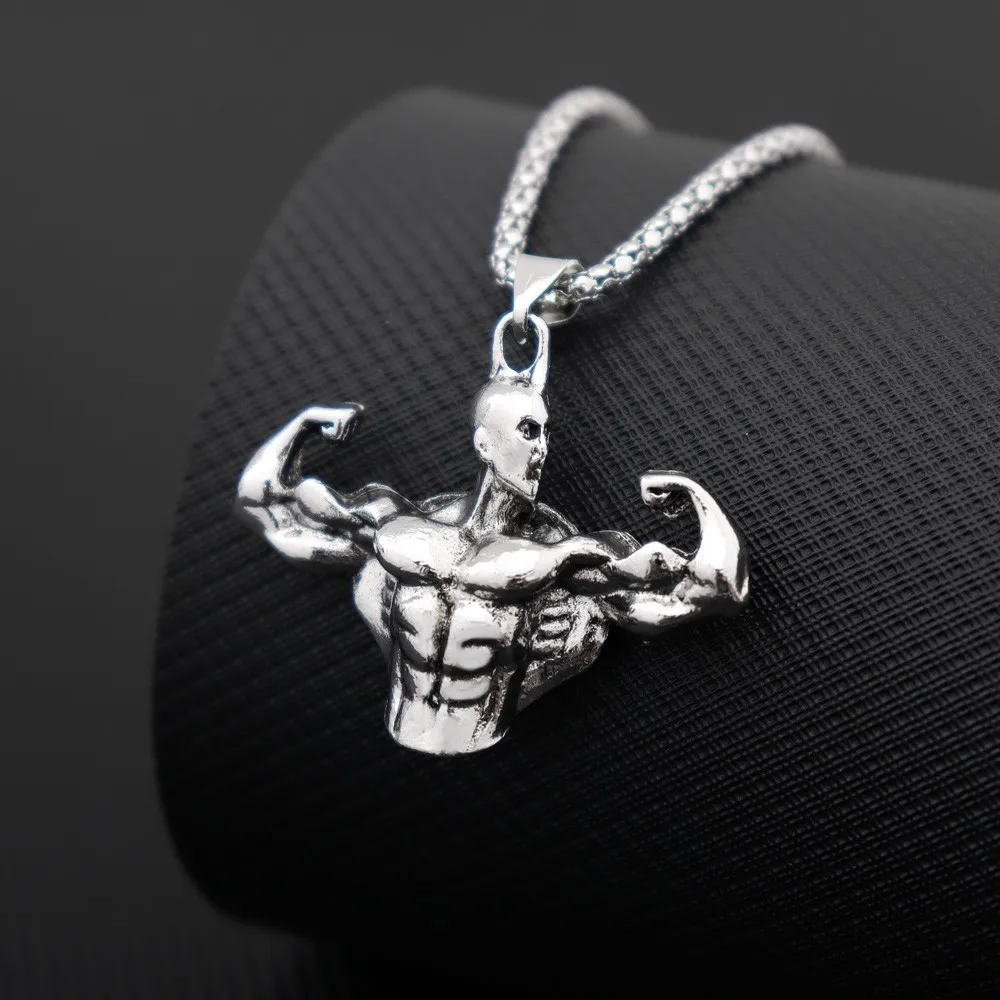 Bodybuilding Arm Muscle Man Statue Pendant Men's Sports Fitness Necklace Fashion Punk Hip Hop Party Men's Jewelry Accessories