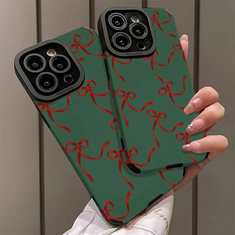 For iPhone 17 Pro Max Case Green Red Ribbon Bow Pattern Stylish Protective Compatible with iPhone 17 16 15 14 13 12 11