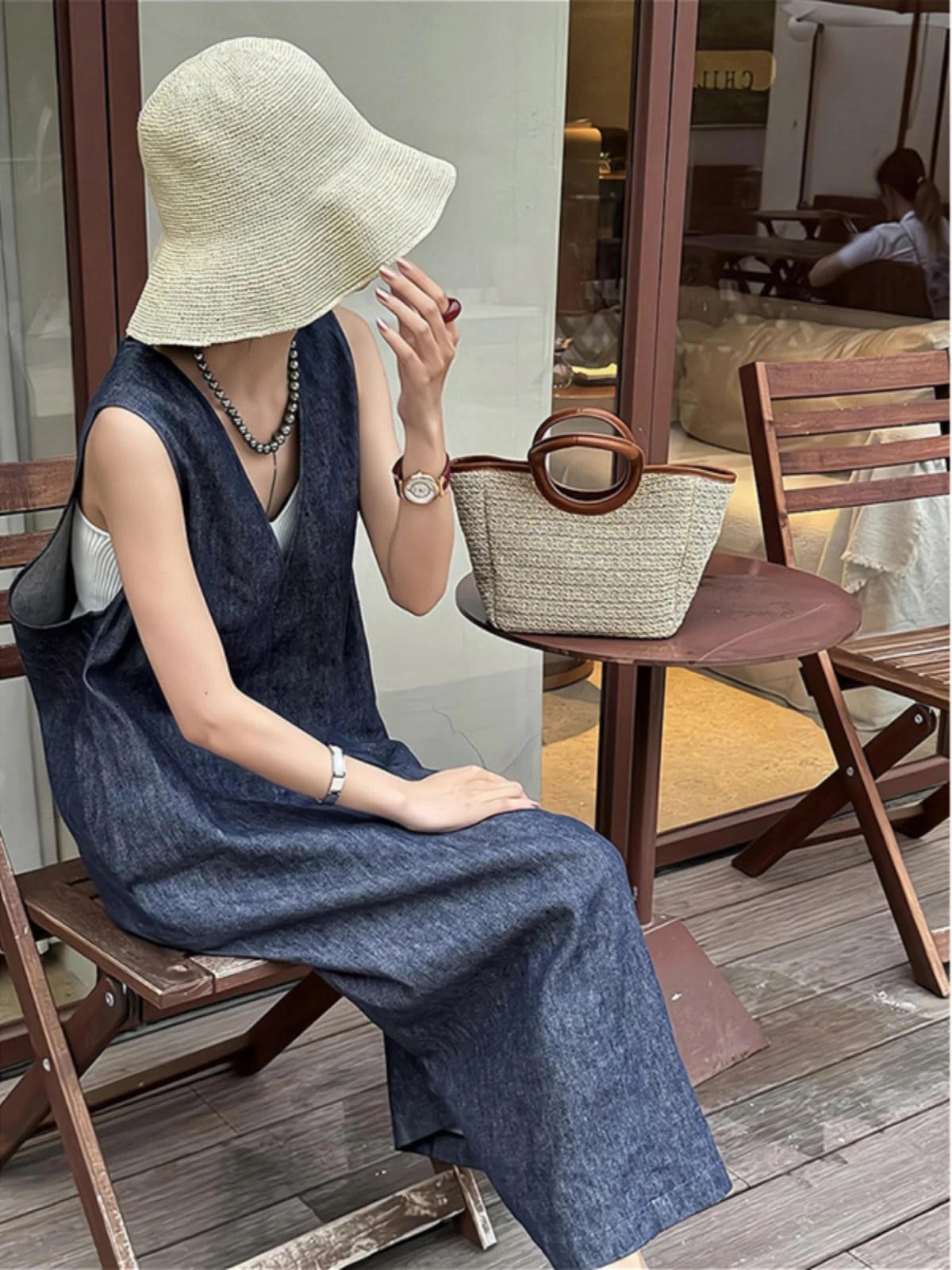 Retro Blue Linen Dr Women's Summer Loose Slimming Casual Holiday Sle Svel Vest Long Dr Casual V-ne Dr