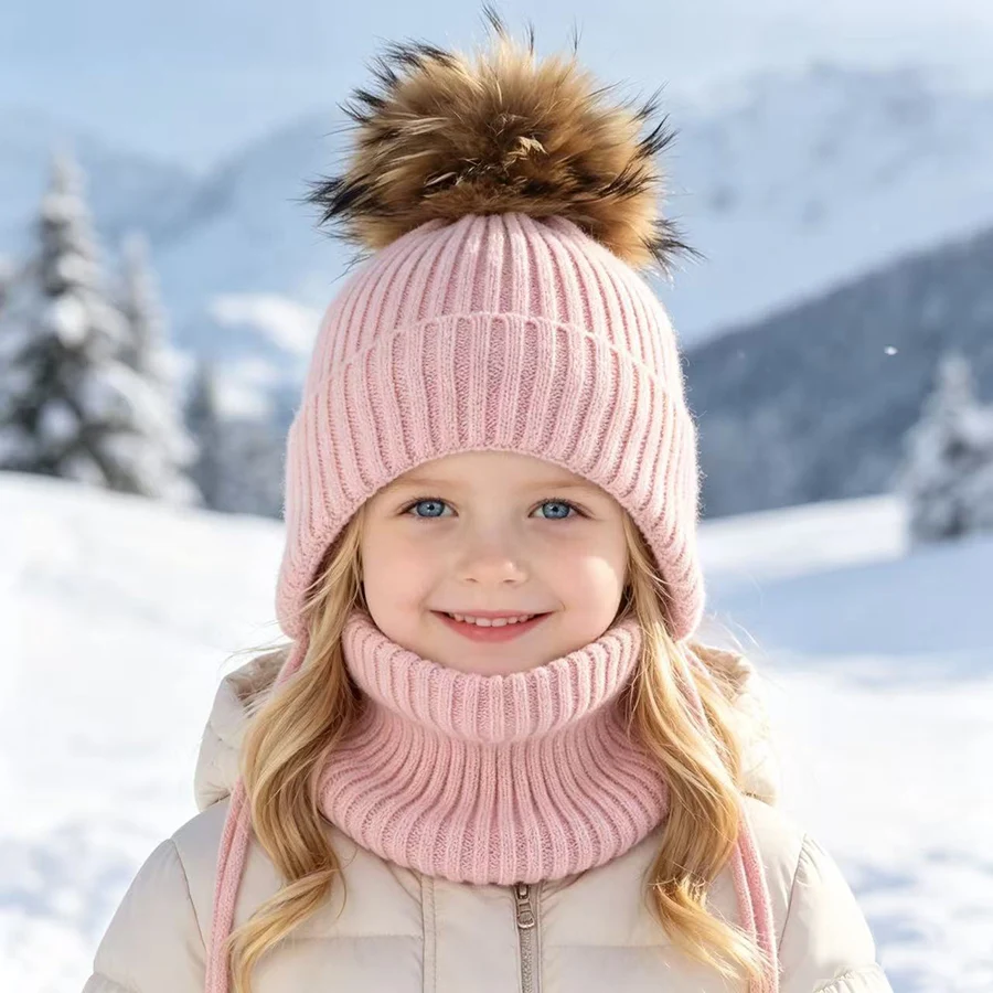 Winter-Wollmütze mit Nackenschutz 2-teiliges Set Echte Fuchsfell-Mütze für Kinder Jungen Mädchen Dicke Fleece Warme Gestrickte Gestreifte Ohrenklappe Baby Skullies Mütze – Detail 5
