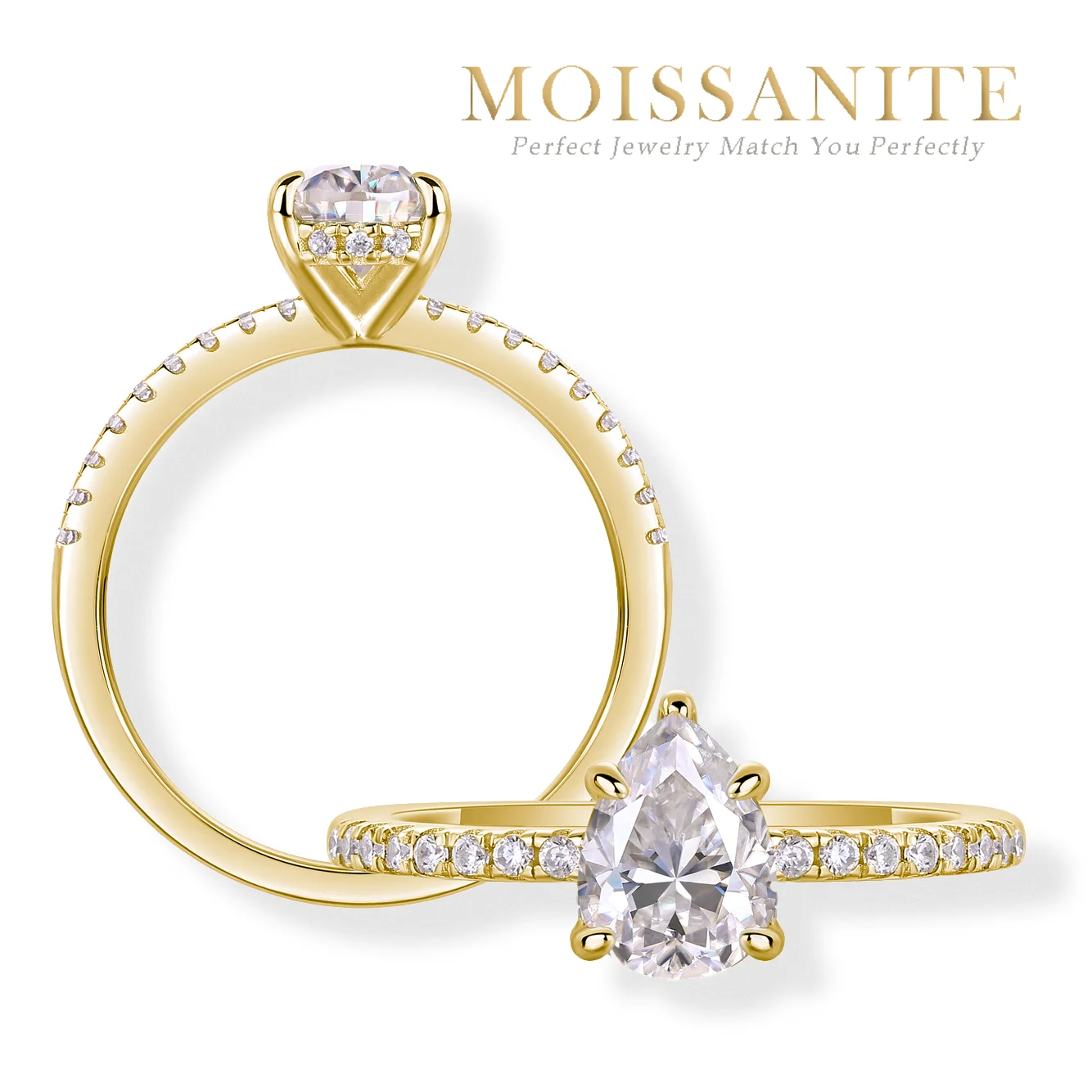 1ct Pear-Shaped Moissanite Engagement Ring - S925 Sterling Silver Gold-Plated, Classic Solitaire with Pave Band