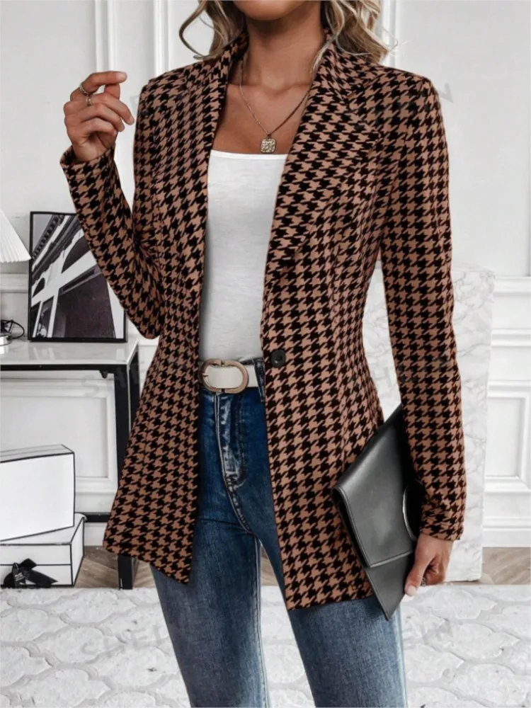 Fashion Leopard Print Blazer Slim Women Suit Autumn Casual Houndstooth Notched Lapel Single Button Coats 2024 New Jacket Female