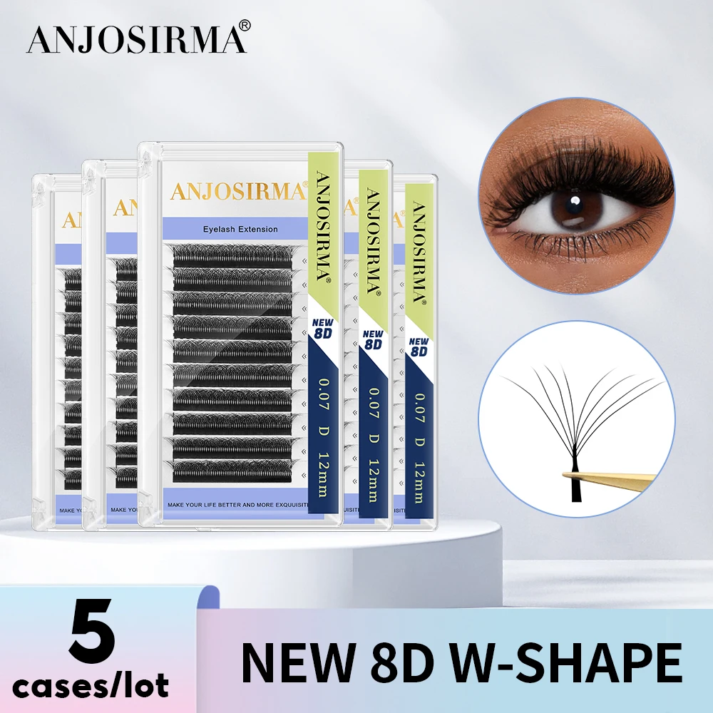 ANJOSIRMA 5 Cases/Lot 8D W-Shaped Natural Eyelash Extensions Soft False Eyelashes Black D Curl Premade Volume Fan Leaves Lashes