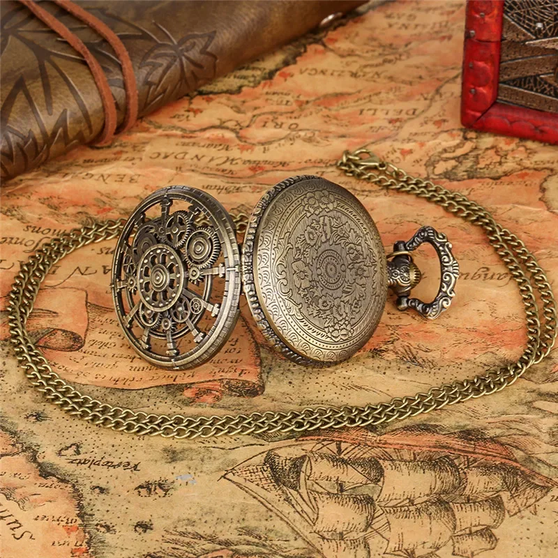 Old Fashion Pocket Watch Hollow-Out Gear Cover Arabic Number Display Quartz Movement Watches with Sweater Necklace Chain Gift