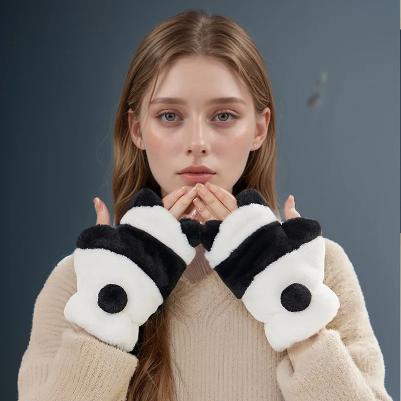 

1 Pairs Ladies' Mittens Winter Cute Cartoon Panda Kawaii Sweet Fashionable Versatile Soft Plush Thickened Warm Gloves For Girl