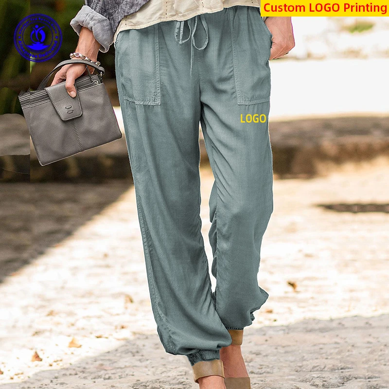 

2022 Summer Breathable Cotton Linen Women Casual Trousers Elastic Waist Drawstring Pockets Ankle-tied Pants Solid Bottoms Custom