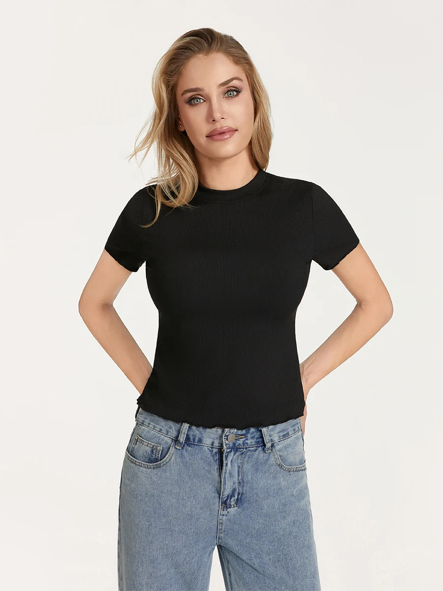 

Women Ribbed Slim Fitted Crop Tops Short Sleeve Crew Neck Tigh Tee Shirts Lettuce Trim Going Out Tops Basic Tees