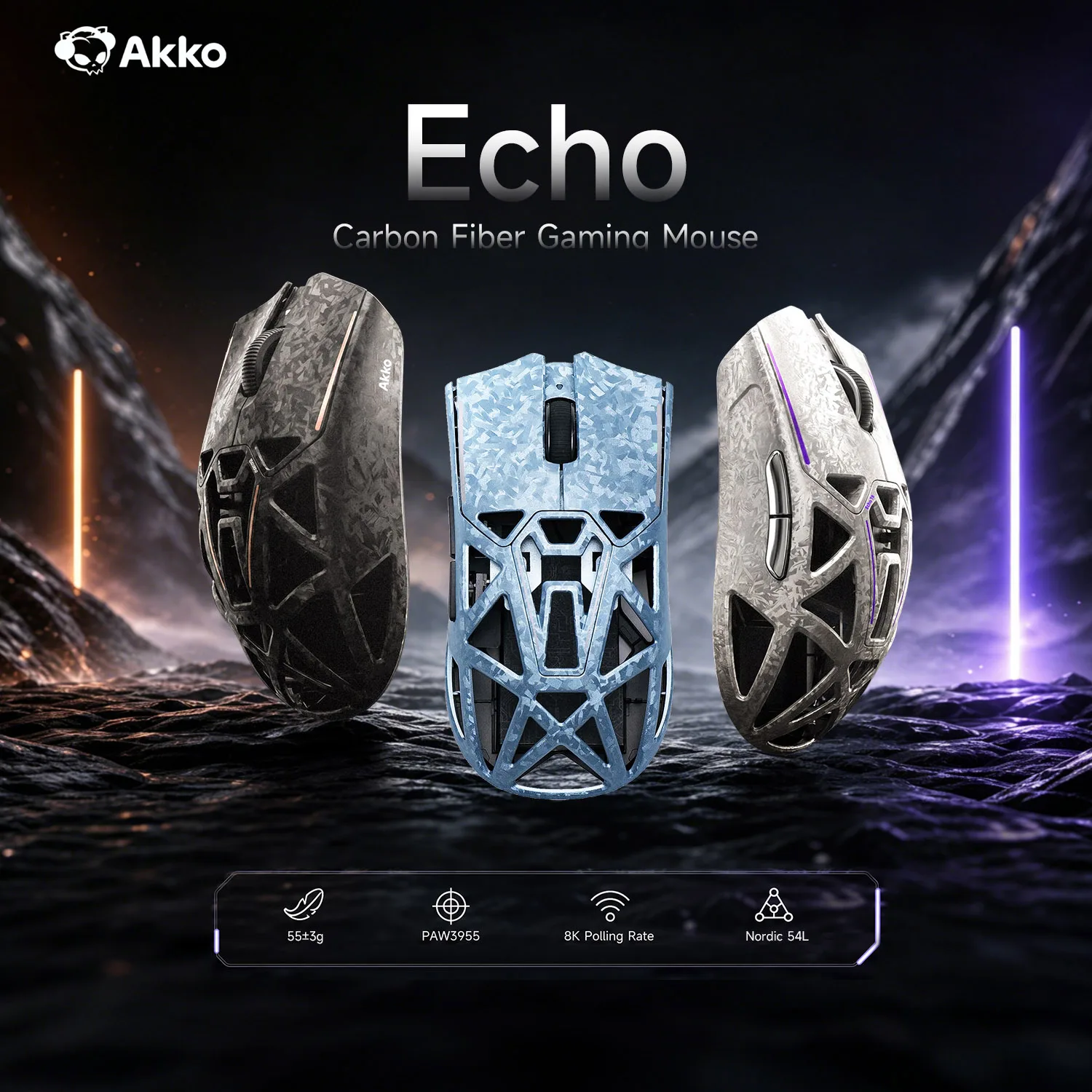 Akko Echo Master Ultra Wireless Gaming Mouse Carbon Fiber PAW3955 PAW3950 8K Polling Rate 65000DPI 55g Lightweight Esports Mouse