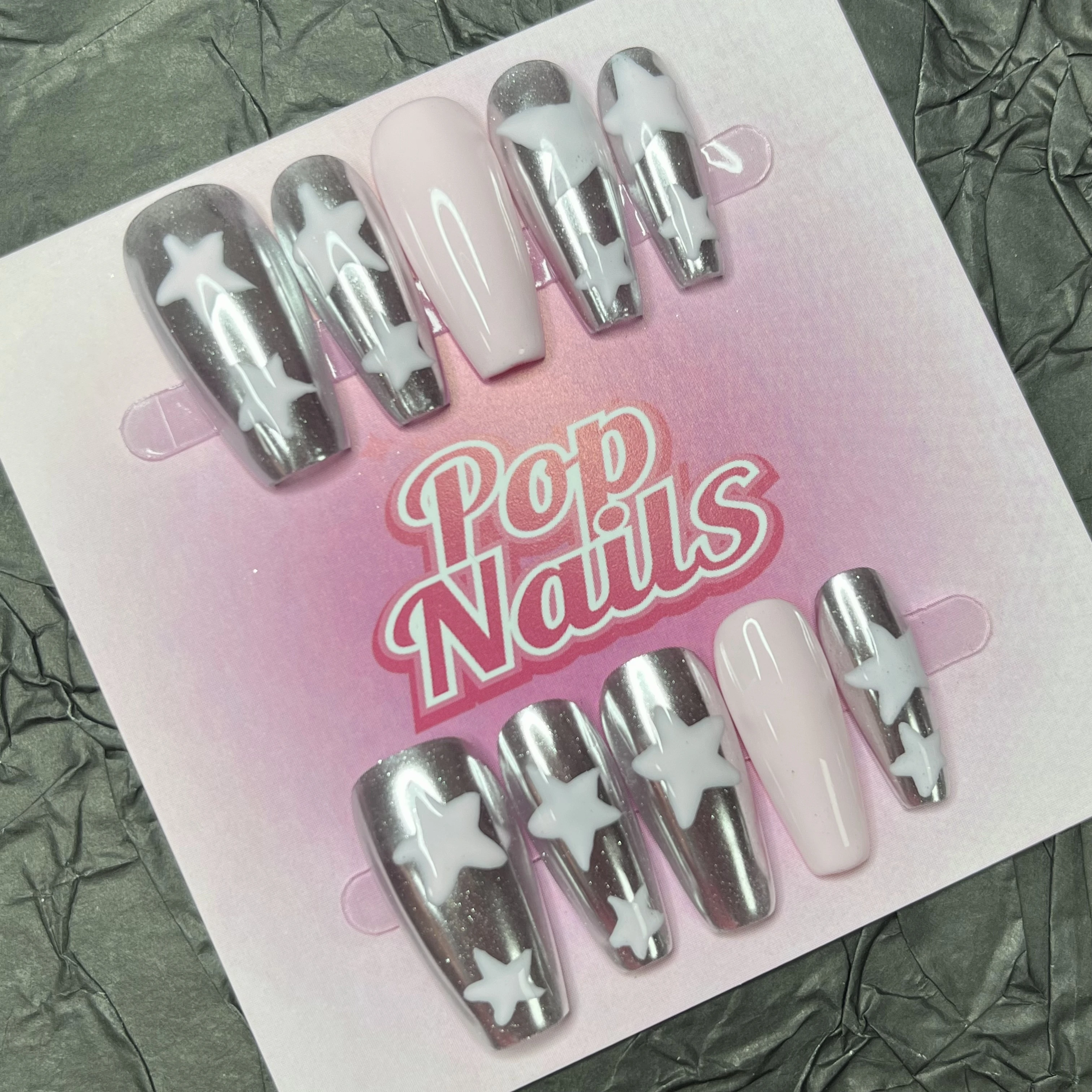 

10pcs Handmade Press on Nails Star Silver Pink Hand Painted Press Ons Nail Art Long Medium Coffin Pressons Fake Nail Tips Nails