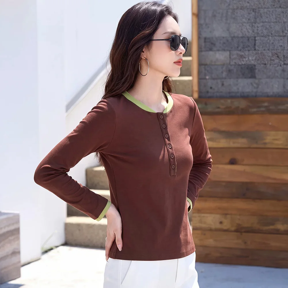New Women Contrast Color Patchwork T-shirt Spring Autumn  Button O-Neck Long Sleeve Daily T-shirt Casual Simplicity T-shirt