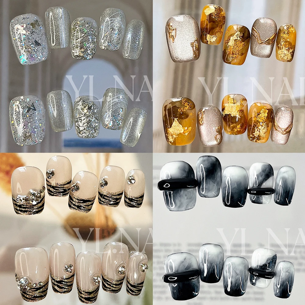 

10Pcs Hand-Painted Pinstripes Minority Square Head Short Press On Nails Pure Handmade Smudges Cat's Eyes Detachable Fake Nails