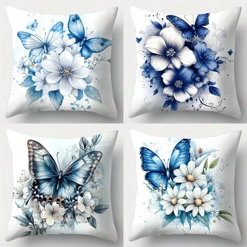 Blue Butterflies Throw Pillow Covers, Single-Sided Printed, Envelope Closure, For Living Room,Sofa,Bed,Car,Western Bedroom Decor & Daily,Festivals,Parties Decor, 18x18 Inch Decorative Pillowcase