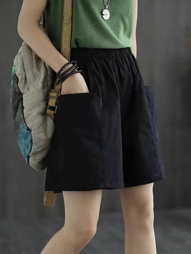 High Waist Wide Leg Short Pants Loose Fit Student Workwear Cotton Casual Trousers Straight Cut Slimming Five-Point Pants