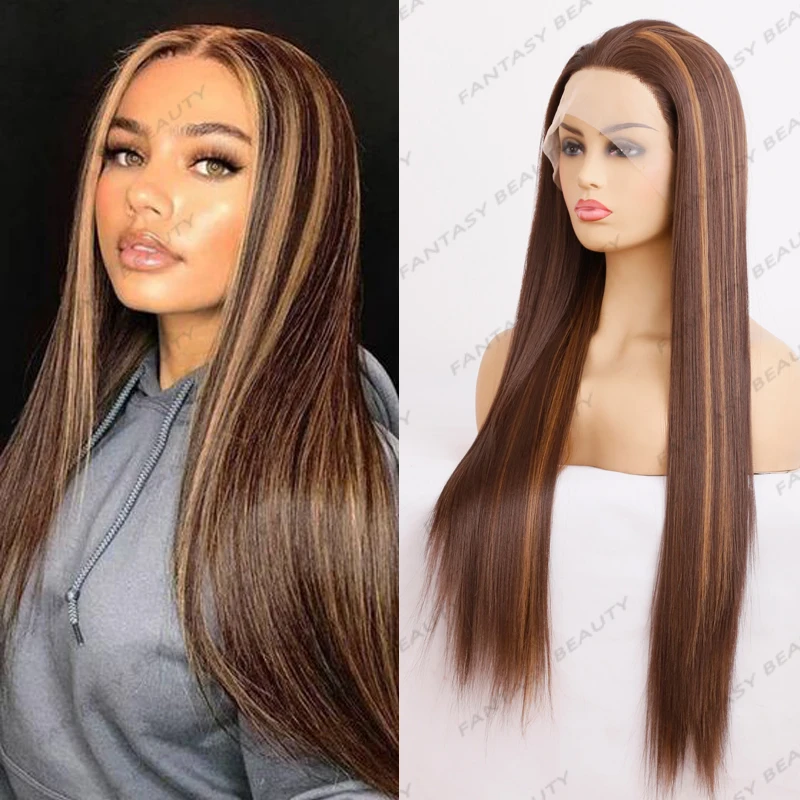 

Light Brown Highlight Blonde Long Silky Straight Synthetic Hair 13x4 Lace Front Wigs for Black Women Glueless Long 26Inches Wigs